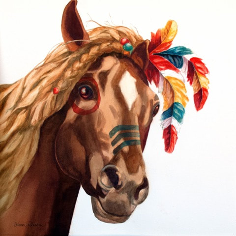 A painted brown horse with a white forehead, blond hair with a braid and brightly feathers and beads. Three green trips across the bridge of its nose. Titled 