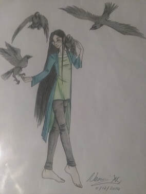 PicturePale, black haired woman walking with four ravens around her and perched on her.