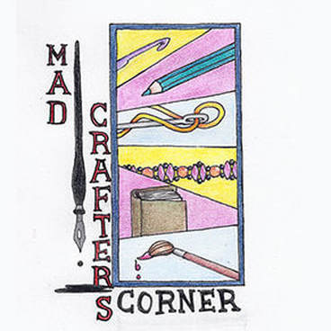 Mad Crafters Corner logo. Includes a quill dripping ink, a paintbrush, a book, beads, a threaded needle, a colored pencil and a crochet hook.